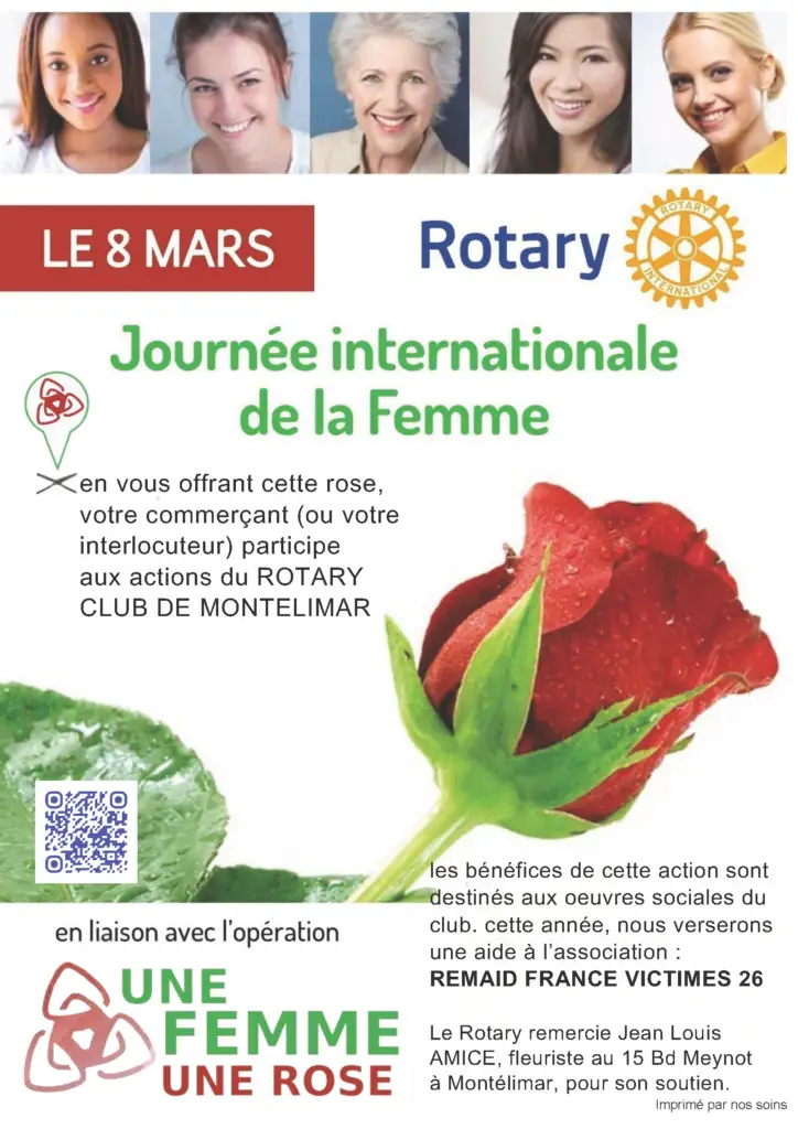 Action solidaire « Une femme, une rose » du Rotary Club de Montélimar pour la Journée internationale des droits des femmes, le 8 mars.