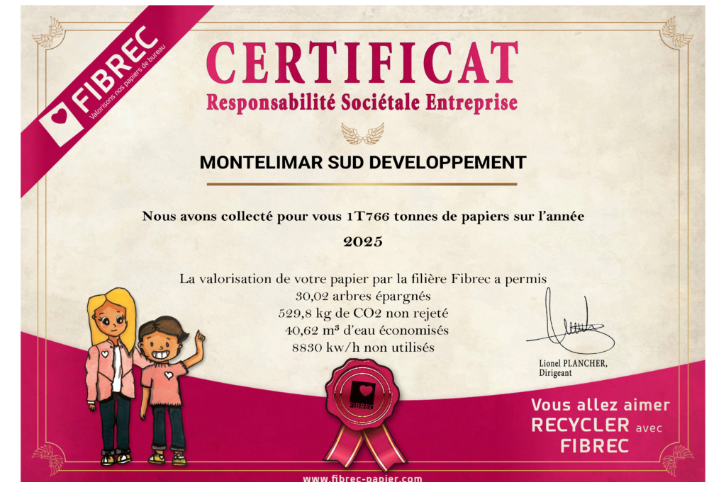 Certificat RSE Fibrec Montélimar Sud Développement 2025 recyclage papier Montélimar