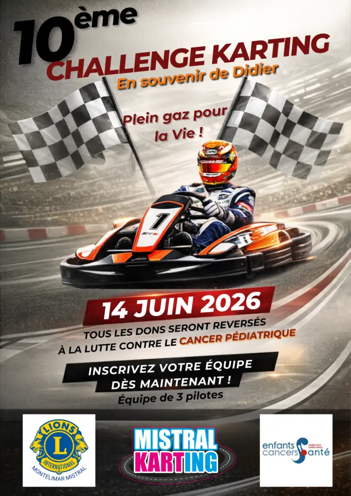 Affiche du 10ème Challenge Karting organisé le 14 juin 2026 au profit de la lutte contre le cancer pédiatrique.