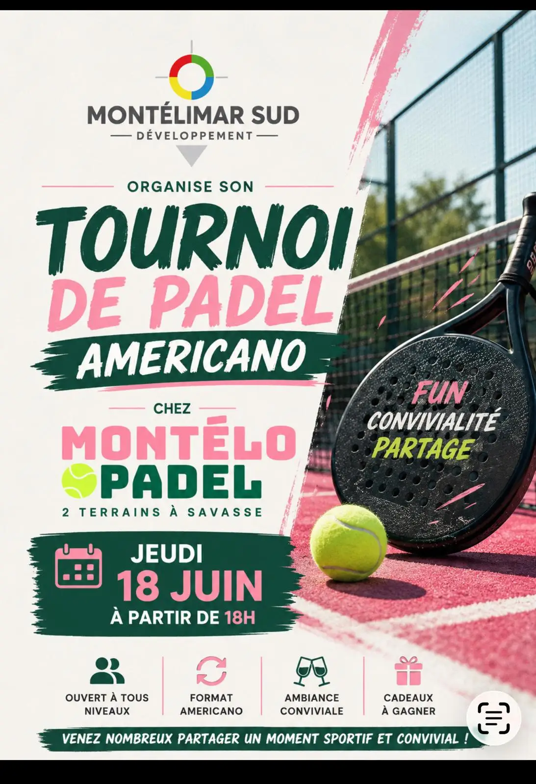 Affiche du tournoi de padel Americano organisé par Montélimar Sud Développement à Montélo Padel Savasse